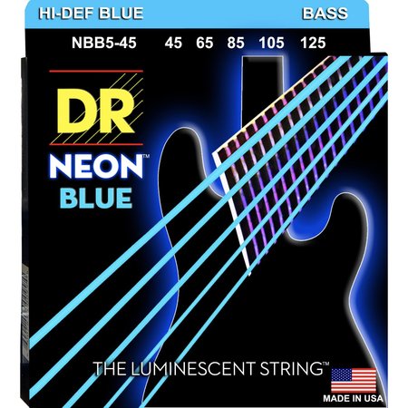 DR Strings NBB5-45 Neon Hi-Def Blue Bass Strings, 45-125 Medium 5-String Set