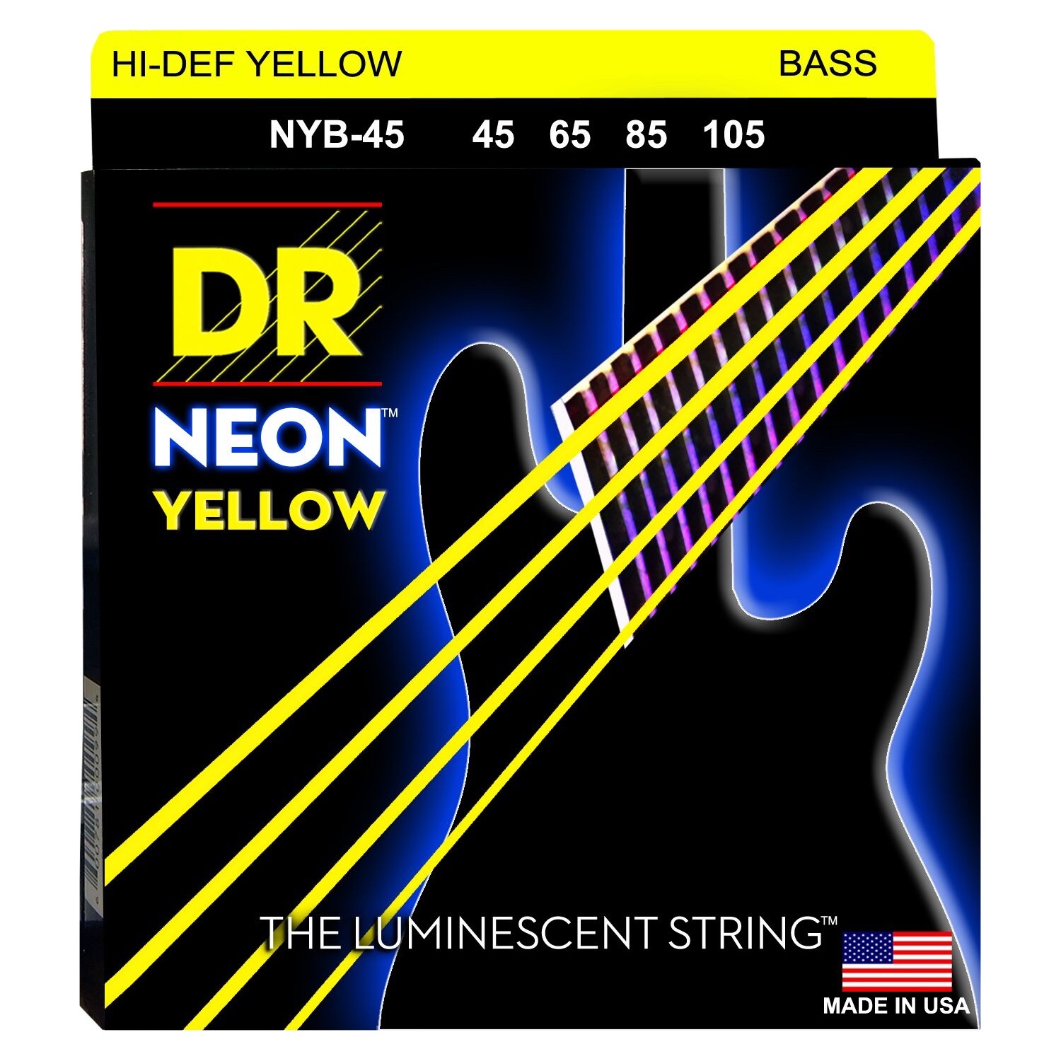 DR Strings NYB-45 Neon Hi-Def Yellow Bass Strings, 45-105 Medium 4-String Set