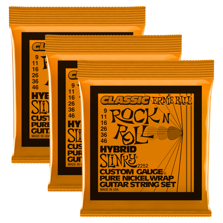 3x (3 sets) Ernie Ball Classic Rock Pure Nickel Wrap Hybrid Slinky Electric Guitar Strings, 9-46 (P02252)