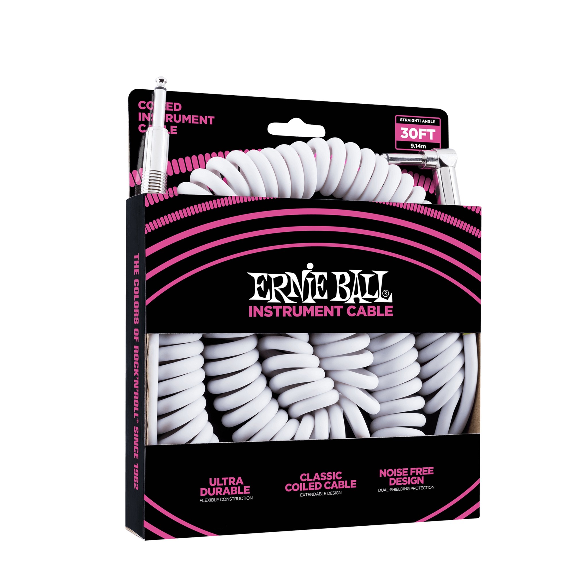 Ernie Ball 30' Coiled Straight / Angle Instrument Cable, White