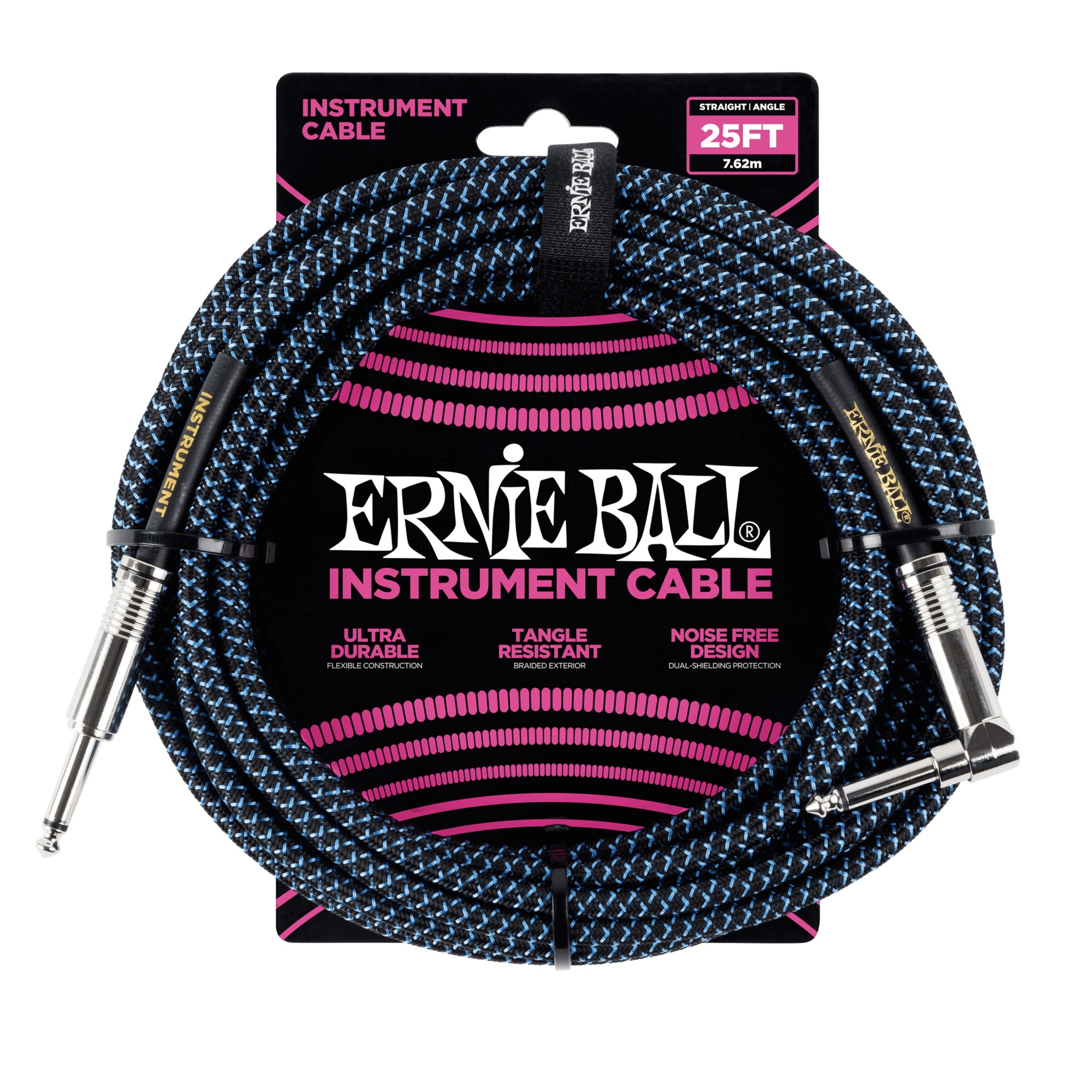 Ernie Ball 25' Braided Straight / Angle Instrument Cable, Black / Blue