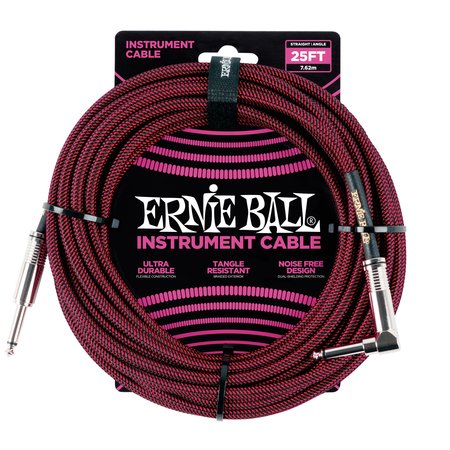 Ernie Ball 25' Braided Straight / Angle Instrument Cable, Black / Red
