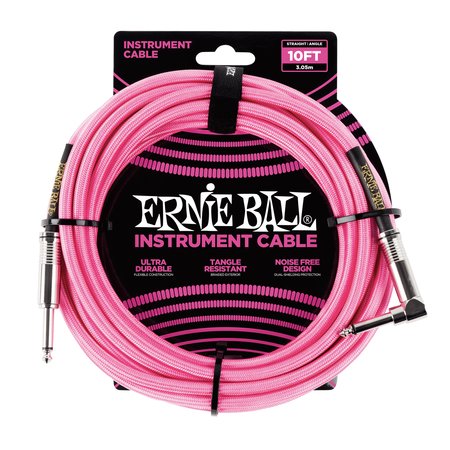 Ernie Ball 10' Braided Straight / Angle Instrument Cable, Neon Pink