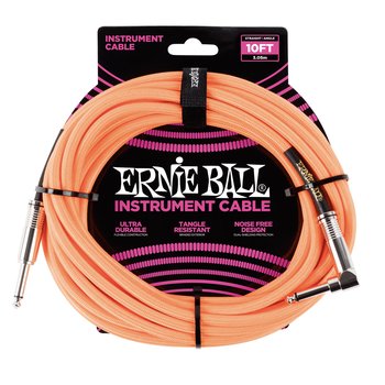 Ernie Ball 10' Braided Straight / Angle Instrument Cable, Neon Orange