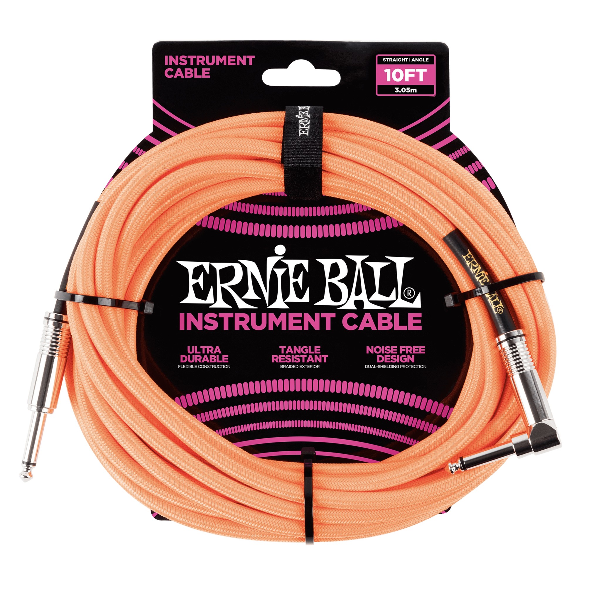 Ernie Ball 10' Braided Straight / Angle Instrument Cable, Neon Orange