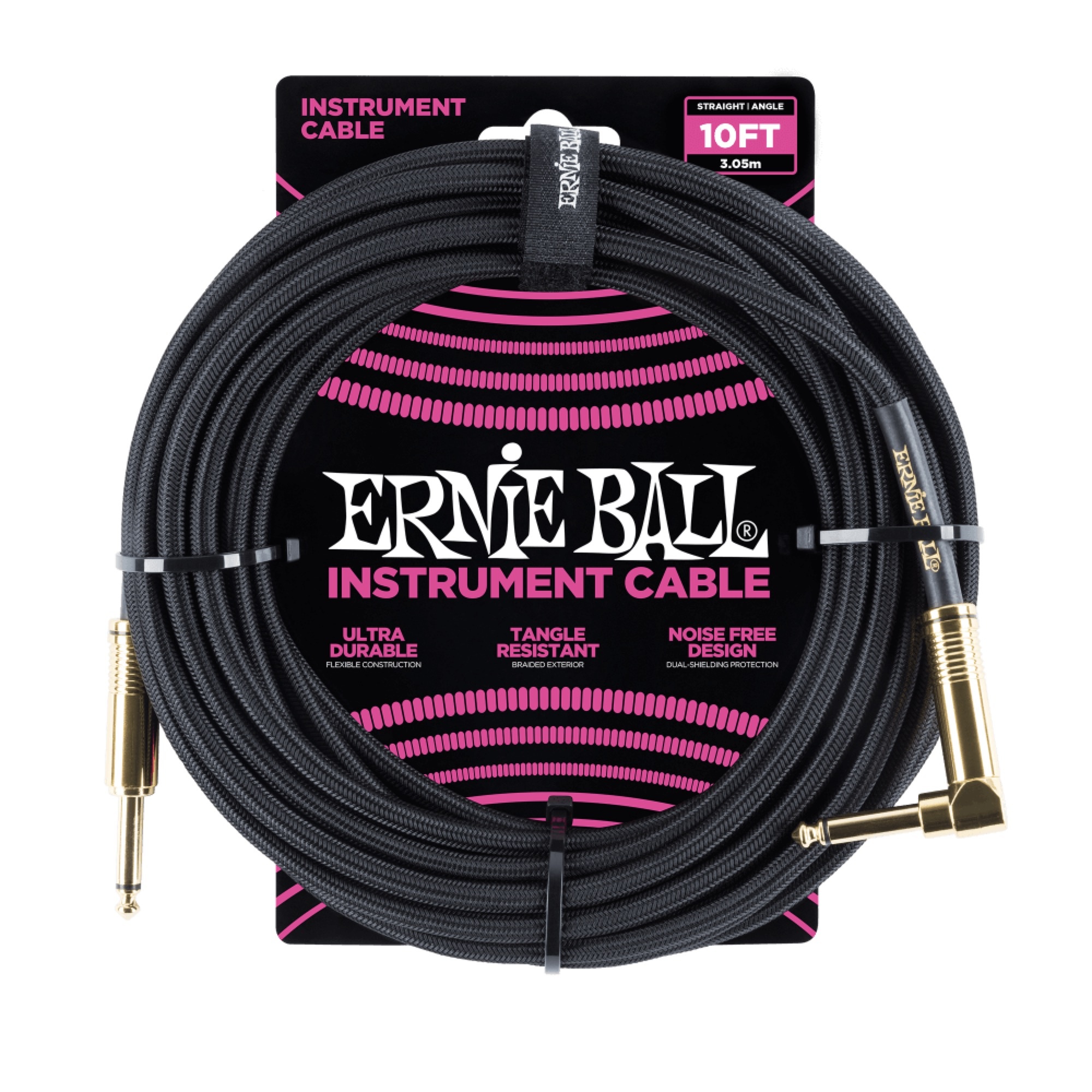 Ernie Ball 10' Braided Straight / Angle Instrument Cable Black w/Gold Connectors