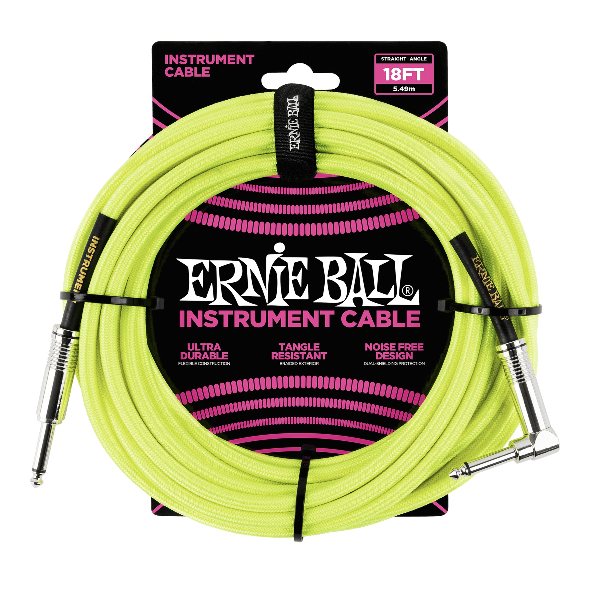 Ernie Ball 18' Braided 1/4" Straight / Angle Instrument Cable, Neon Yellow (18-foot)