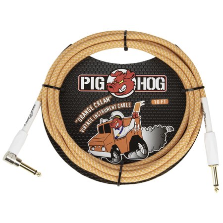 Pig Hog Tour Grade Vintage Woven 10-Foot Instrument Cable, Straight-Angle 1/4" TS, Orange Cream 2.0