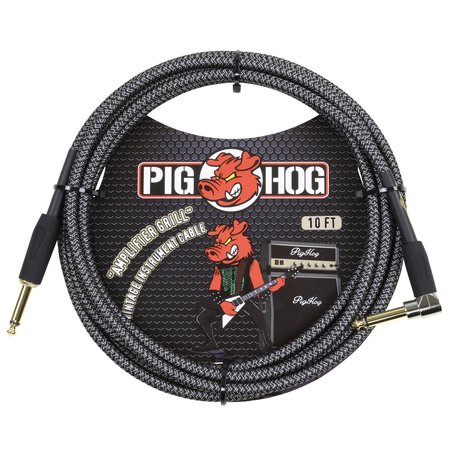 Pig Hog "Amplifier Grill" (Black/Silver) Vintage Woven 10-ft Instrument Cable, 1/4"-1/4" Rt Angle