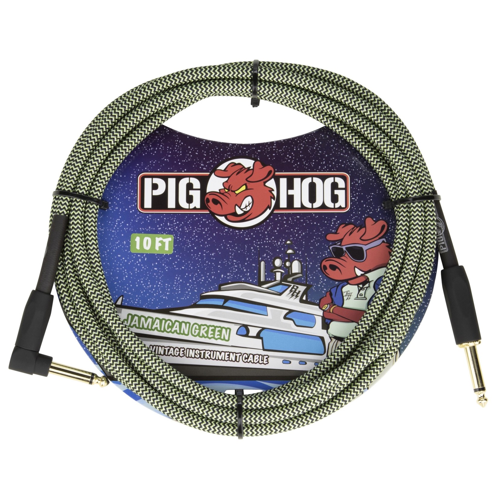 Pig Hog Pig Hog 10-Foot Vintage Woven Instrument Cable, 1/4" Straight-Right Angle, Jamaican Green