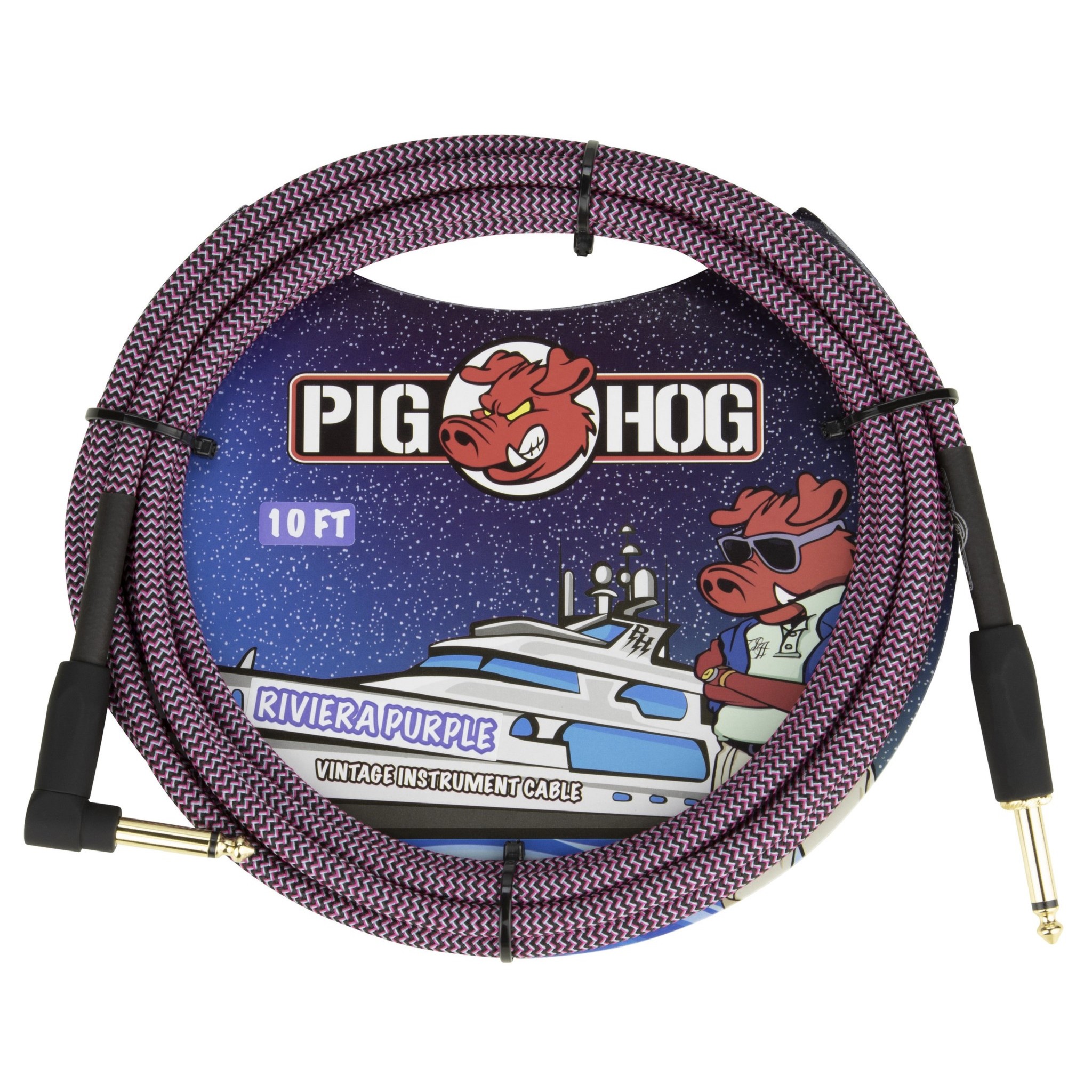 Pig Hog 10-Foot Vintage Woven Instrument Cable, 1/4" Straight-Right Angle, Riviera Purple