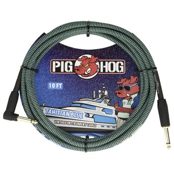 Pig Hog 10-Foot Vintage Woven Instrument Cable, 1/4" Straight-Right Angle, Tahitian Blue