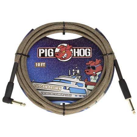 Pig Hog 10-Foot Vintage Woven Instrument Cable, 1/4" Straight-Right Angle, Tuscan Brown