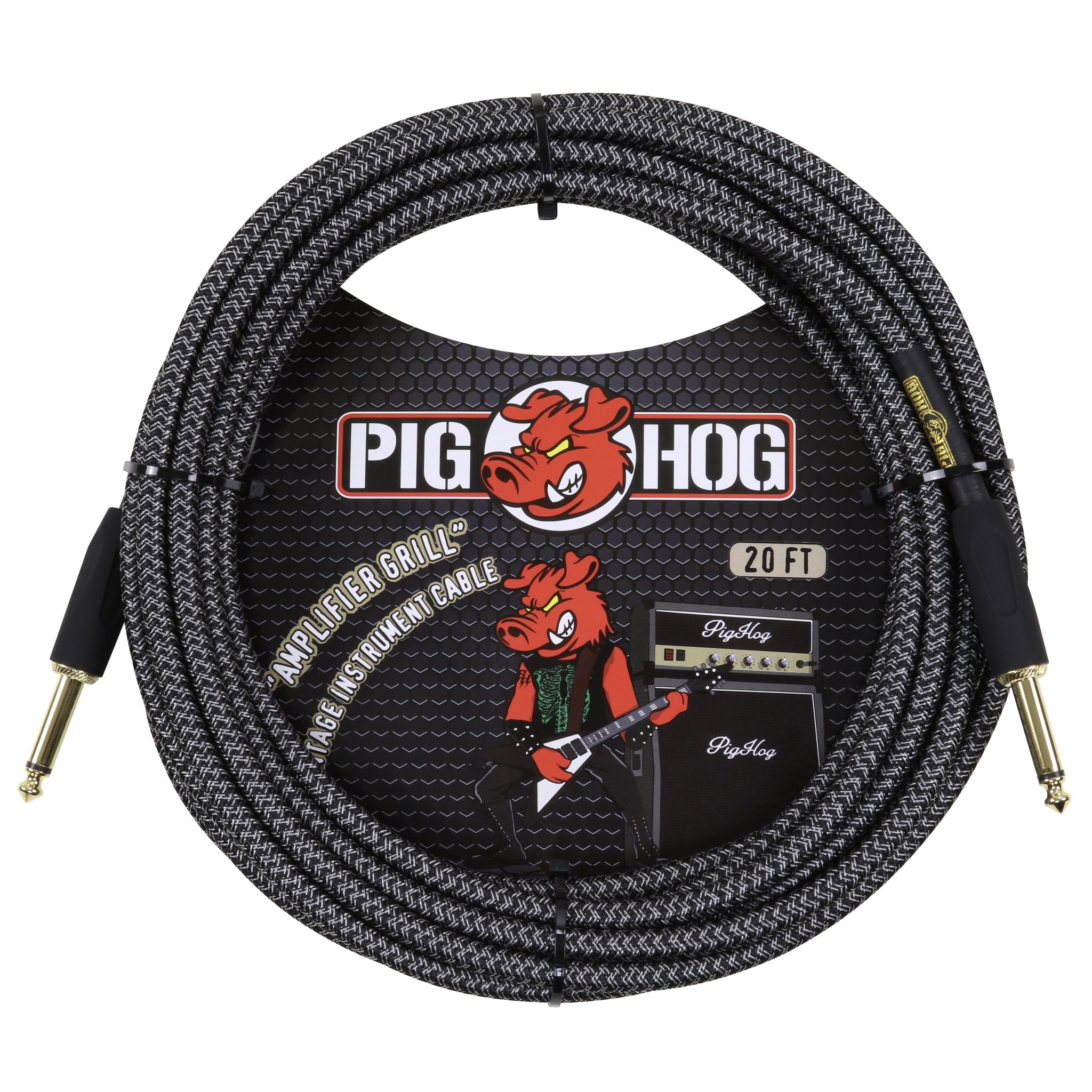 Pig Hog "Amplifier Grill" (Black/Silver) Vintage Woven 20-foot Instrument Cable, 1/4" Straight Plugs