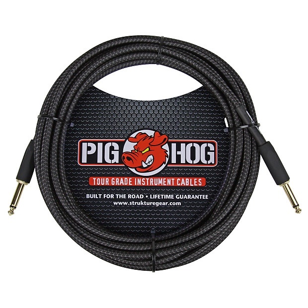 Pig Hog "Black Woven" Tour Grade Instrument Cable, 20ft,  1/4"-1/4" Straight Plugs (PCH20BK)
