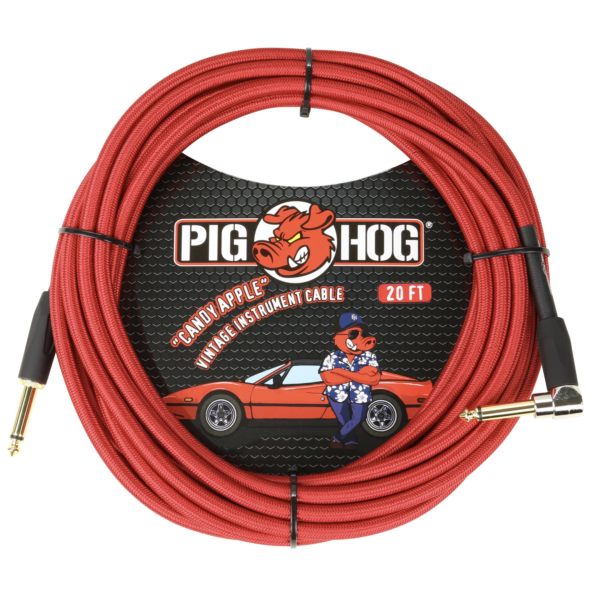 Pig Hog "Candy Apple Red" Vintage Instrument Cable, 20ft Right Angle (PCH20CAR)