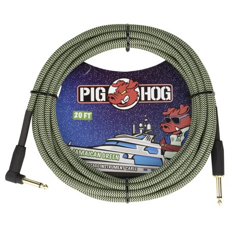 Pig Hog 20-Foot Vintage Woven Instrument Cable, 1/4" Straight-Right Angle, Jamaican Green