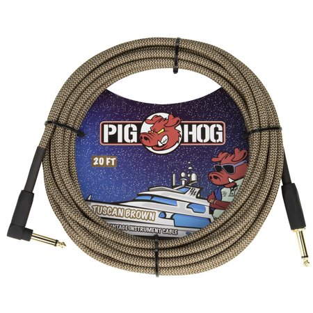 Pig Hog 20-Foot Vintage Woven Instrument Cable, 1/4" Straight-Right Angle, Tuscan Brown