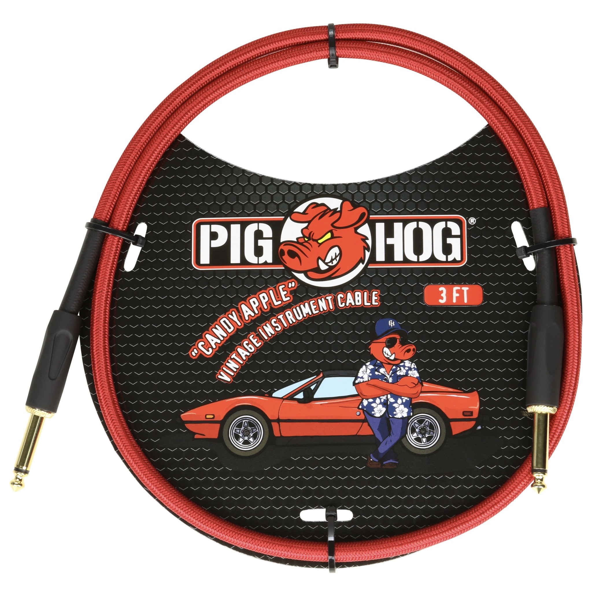Pig Hog Vintage Woven Patch Cable, 3-Foot, 7mm, 1/4" Straight Connectors, Candy Apple Red (PCH3CA)