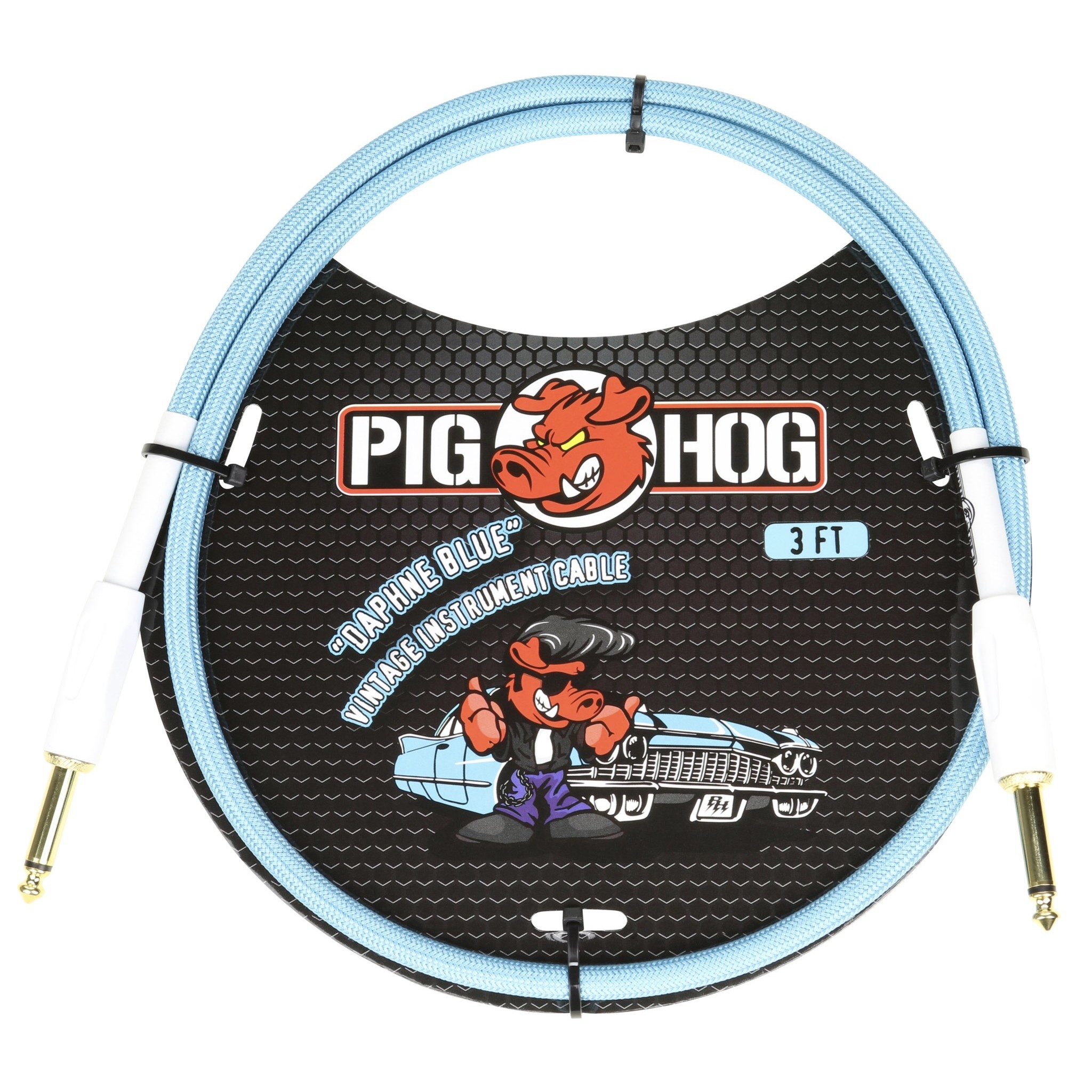 Pig Hog Vintage Woven Patch Cable, 3-Foot, 7mm, 1/4" Straight Connectors, "Daphne Blue" (PCH3DB)