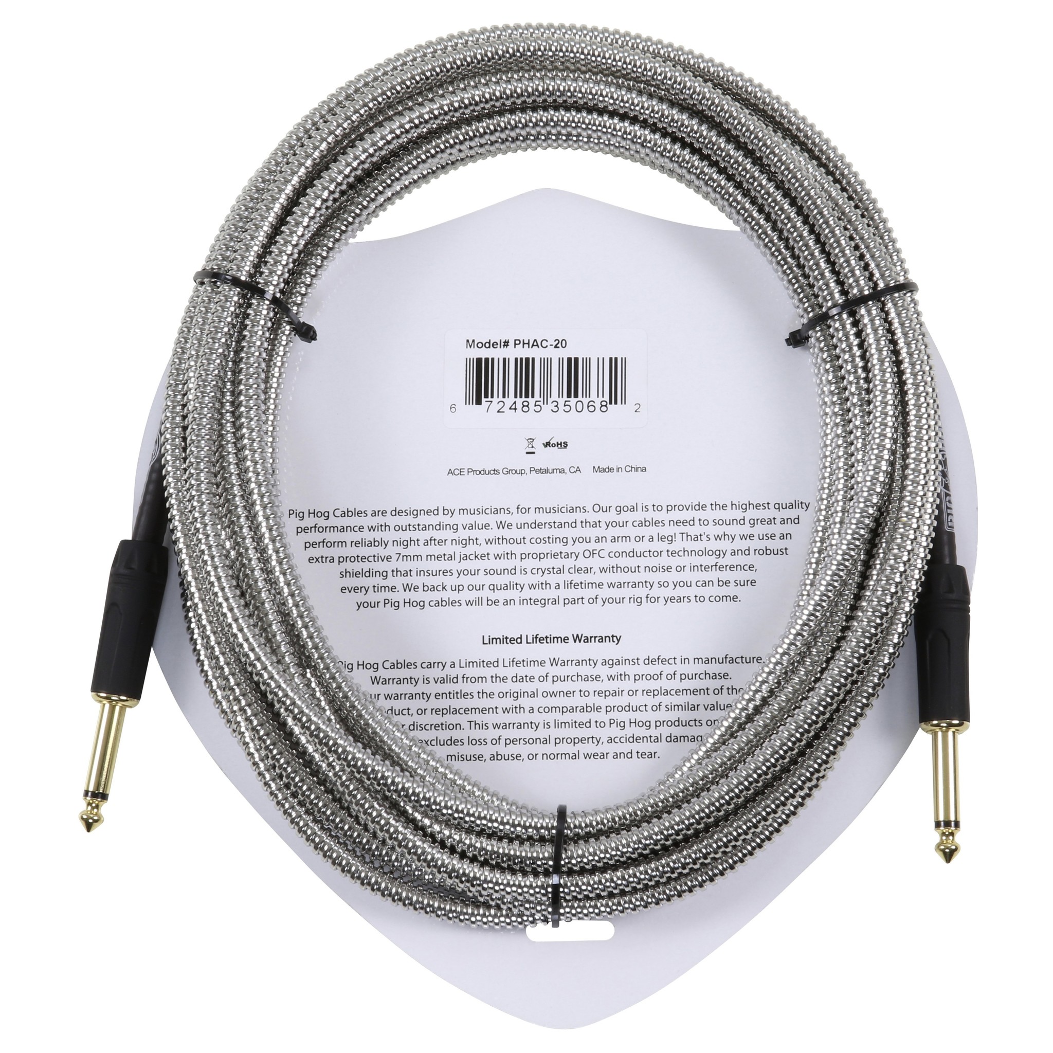 Pig Hog "Armor Clad" Instrument Cable, 20 ft Industrial Metal Conduit-Style