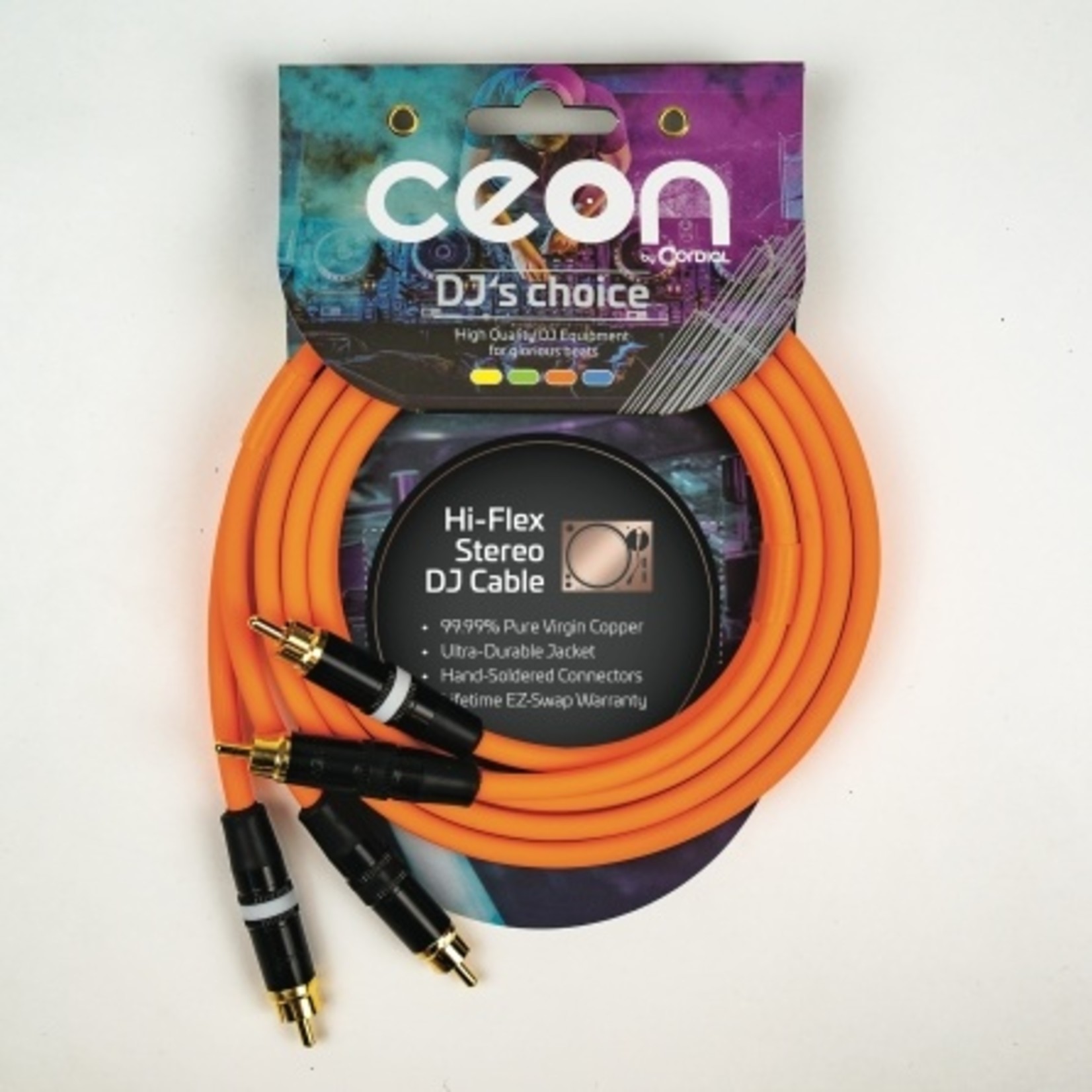 Cordial Cables Cordial Cables Premium DJ Dual/Mono (Black Light) Cable, Ceon Series - Hi-Flex DJ's Choice Stereo RCA to RCA 2-Foot Cable: Neon Orange
