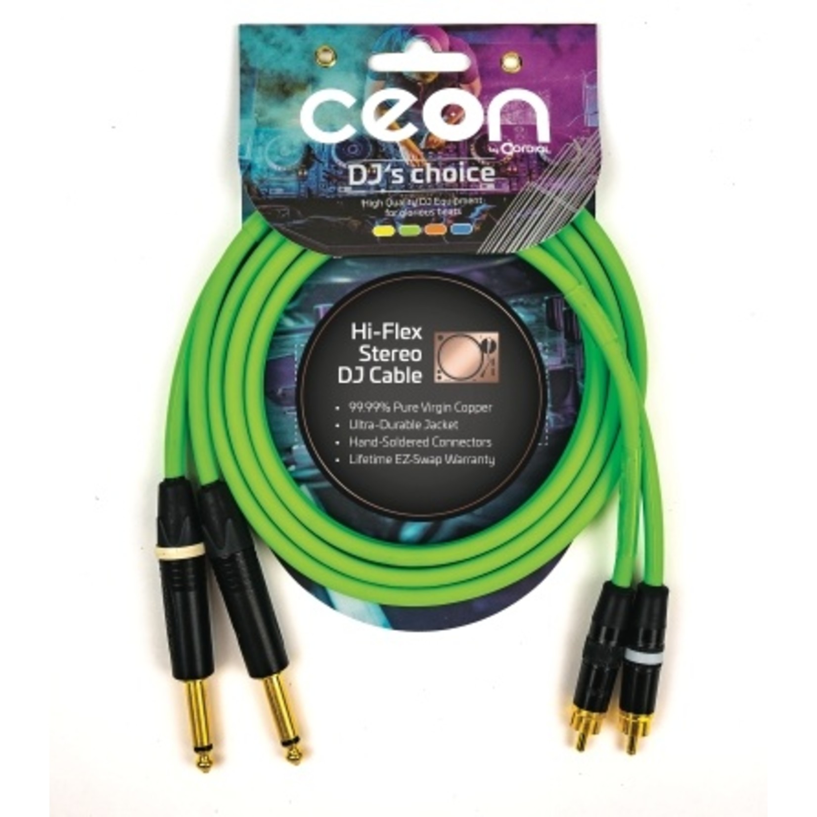 Cordial Cables Cordial Cables Premium DJ Dual/Mono (Black Light) Cable, Ceon Series - Hi-Flex DJ's Choice Stereo RCA to 1/4" TS 10-Foot Cable: Neon Green