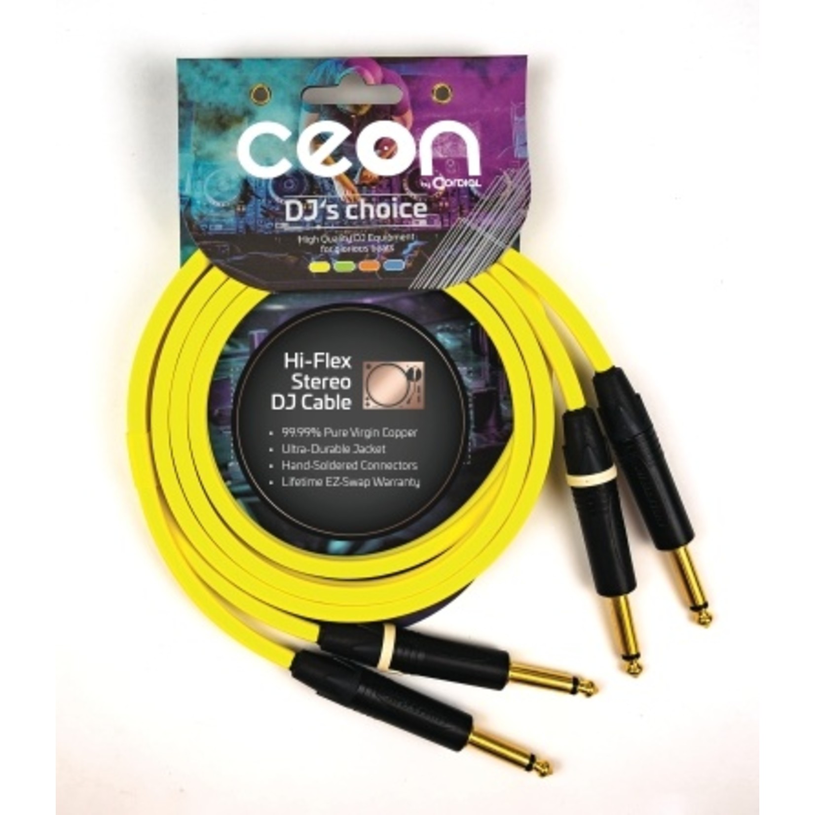 Cordial Cables Cordial Cables Premium DJ Dual/Mono (Black Light) Cable, Ceon Series - Hi-Flex DJ's Choice Stereo 1/4" TS to 1/4" TS 2-Foot Cable: Neon Yellow