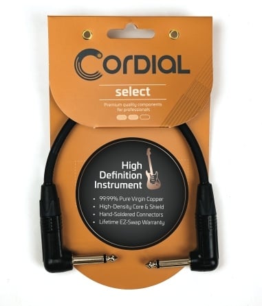 Cordial Cables Premium Instrument EFX Patch Stomp Cable, Select Series - 1/4" TS to 1/4" TS Right Angle (10-Inch Black Cable)