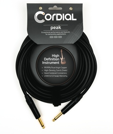 Cordial Cables Premium Instrument Cable with Gold Connectors, Peak Series - 1/4" TS to 1/4" TS Straight Connectors (20' Black Cable)