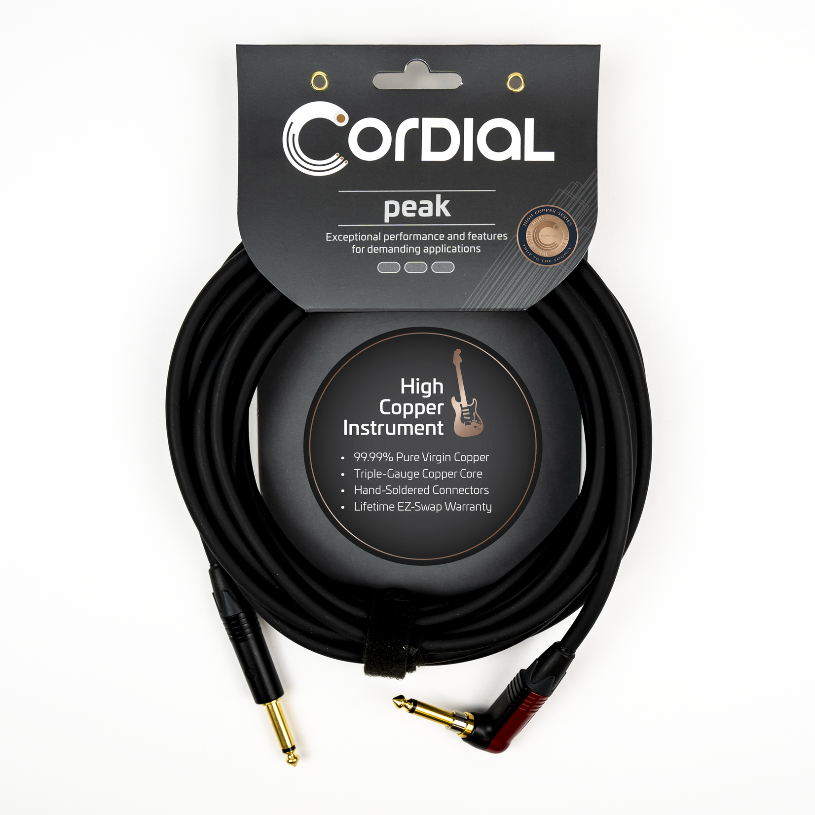 Cordial Cables Cordial 3m / 6ft Premium Instrument High-Copper Silent Plug Cable, Peak Series - 1/4'' Straight to 1/4'' Right Angle Silent Plug (CSI 3 RP-SILENT)