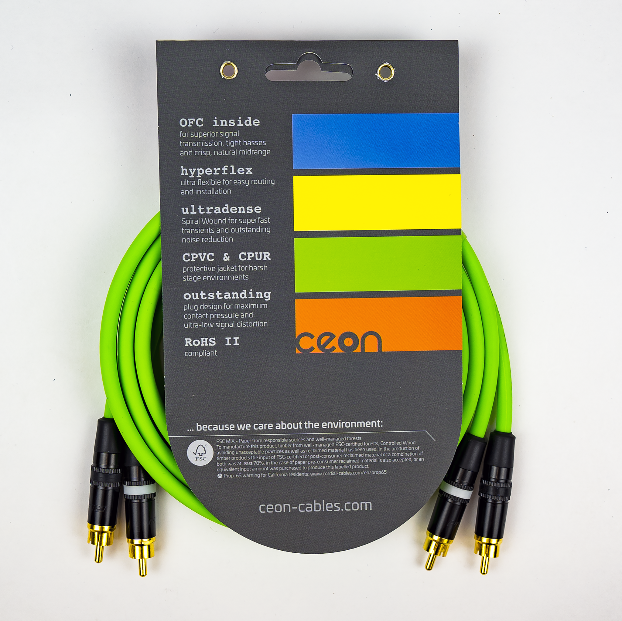 Cordial Cables Premium DJ Dual/Mono (Black Light) Cable, Ceon Series - Hi-Flex DJ's Choice Stereo RCA to RCA 10-Foot Cable: Neon Green
