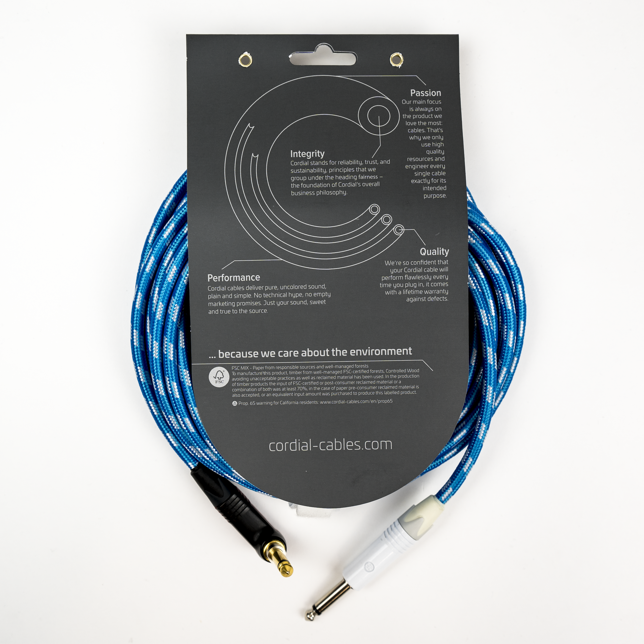 Cordial Cables Premium Instrument White/Blue Sky Textile Cable with Neutrik Silent Plug, Peak Series - 10-Foot Cable, 1/4" Straight to 1/4" Right-Angle Phone Plugs, No-Fray Sleeve