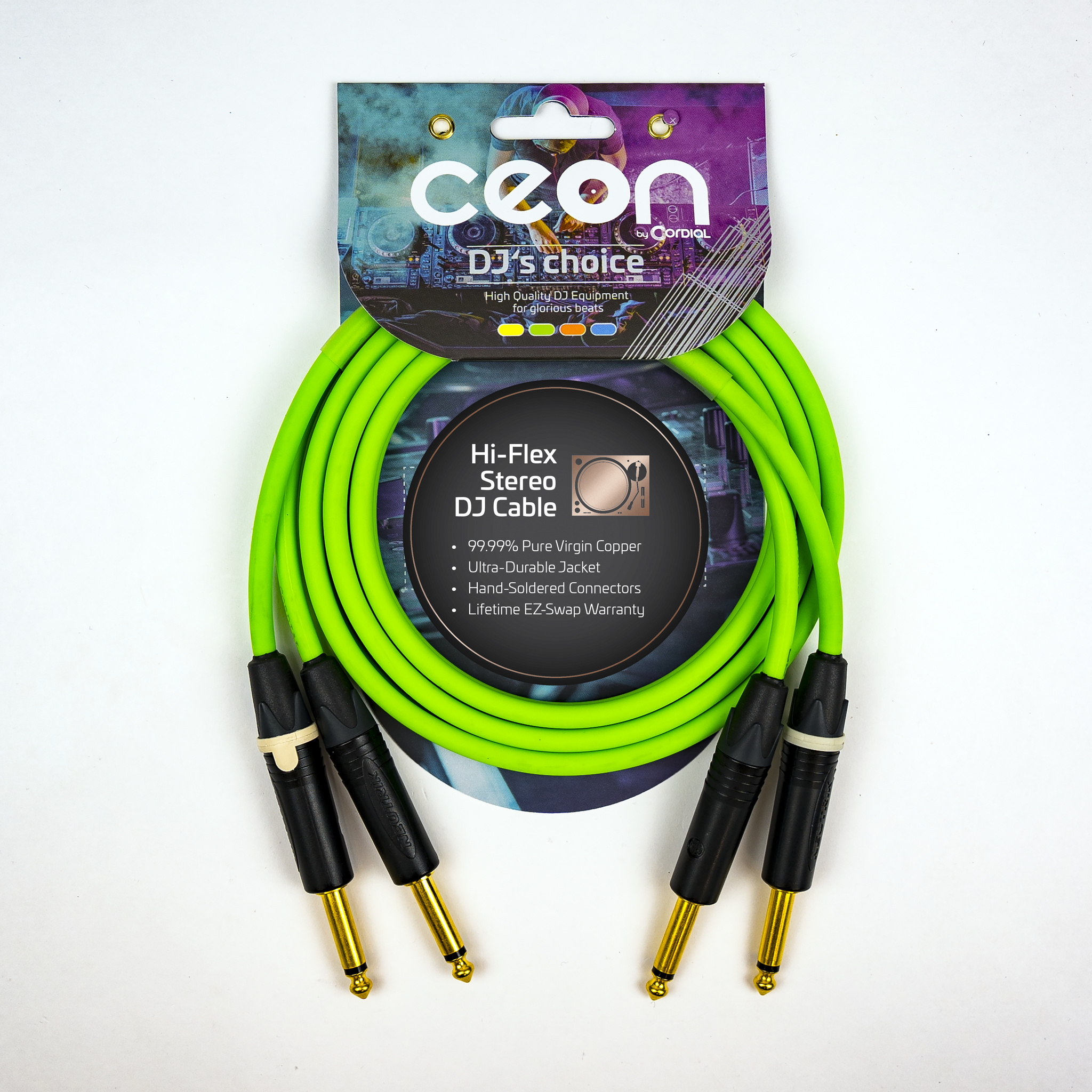 Cordial Cables Premium DJ Dual/Mono (Black Light) Cable, Ceon Series - Hi-Flex DJ's Choice Stereo 1/4" TS to 1/4" TS 5-Foot Cable: Neon Green