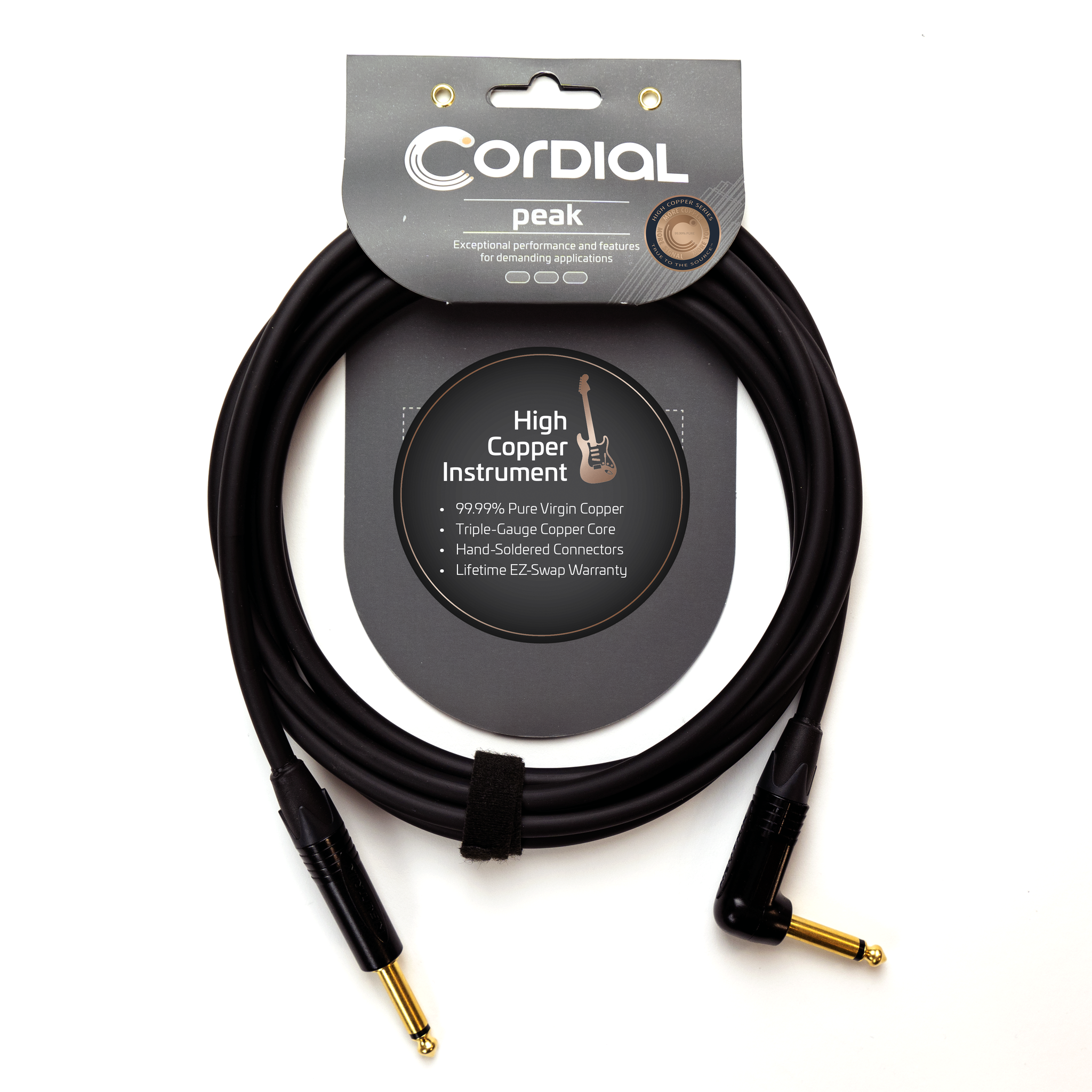 Cordial 6m (20-foot) Premium High-Copper Instrument Cable, 1/4 Straight-to-Angle Neutrik Connectors (CSI 6 PR 175)