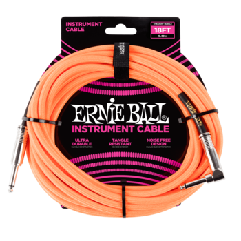 Ernie Ball 18-foot Braided Straight-to-Angle Instrument Cable, Neon Orange