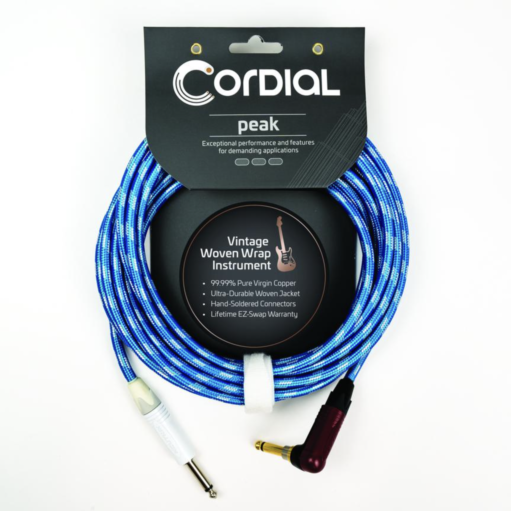 Cordial Cables Premium Instrument White/Blue Sky Textile Cable with Neutrik Silent Plug, Peak Series - 30-Foot Cable, 1/4" Straight to 1/4" Right-Angle Phone Plugs, No-Fray Sleeve