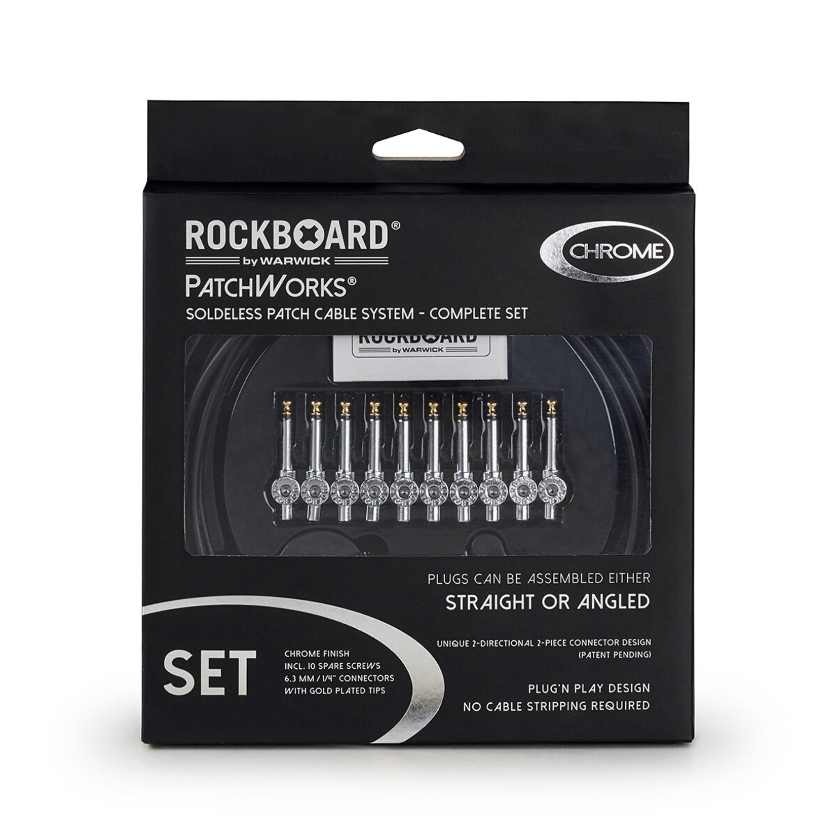 Rockboard Rockboard Patchworks Solderless Patch Cable Set, Chrome, 10 Plugs (rt angle or straight!) 3m Cable