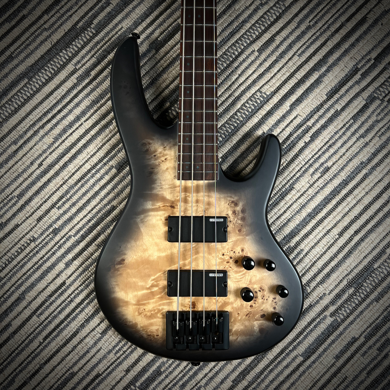 LTD (ESP) D-4 4-String Bass, Black Natural Burst Satin, Burled Poplar