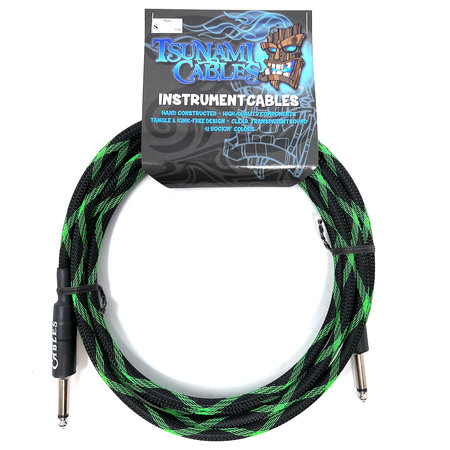 Tsunami Cables 10' Handcrafted Premium Instrument Cable, 1/4" Straight-Straight, "Green Dragon" (Green/Black)