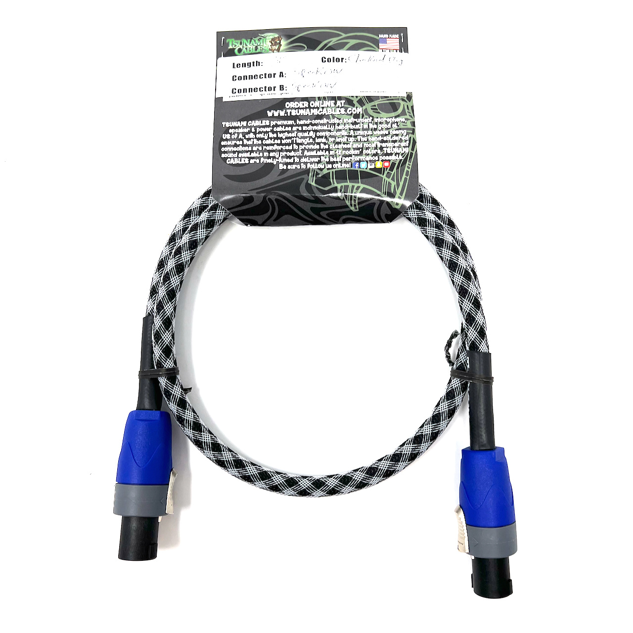 Tsunami Cables 3' Handcrafted Premium Speaker Cable with SpeakON Connectors, "Checkered Flag" (black/white)