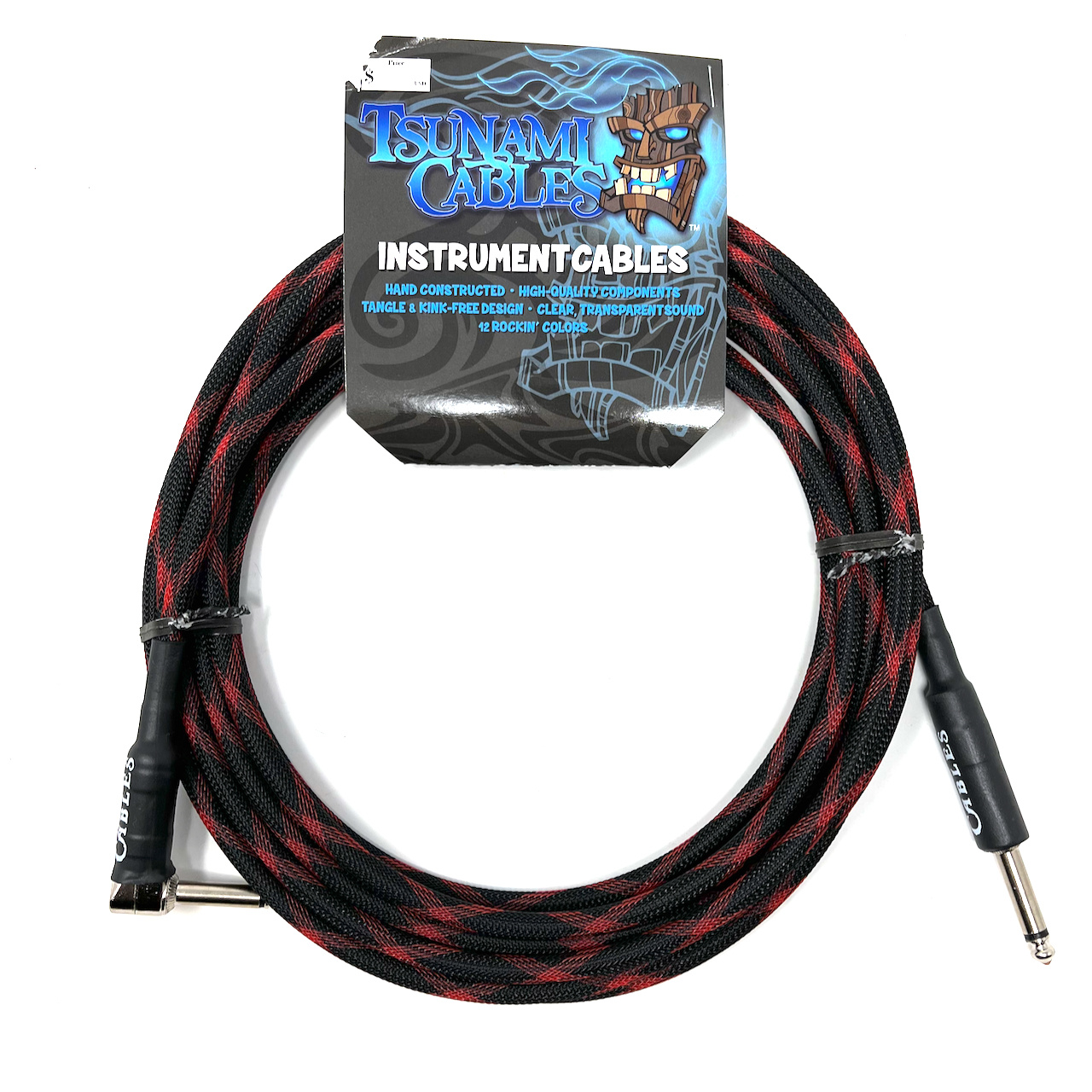 Tsunami Cables 15' Handcrafted Premium Instrument Cable, 1/4" Straight-Right Angle, "Black Widow" (black/red)