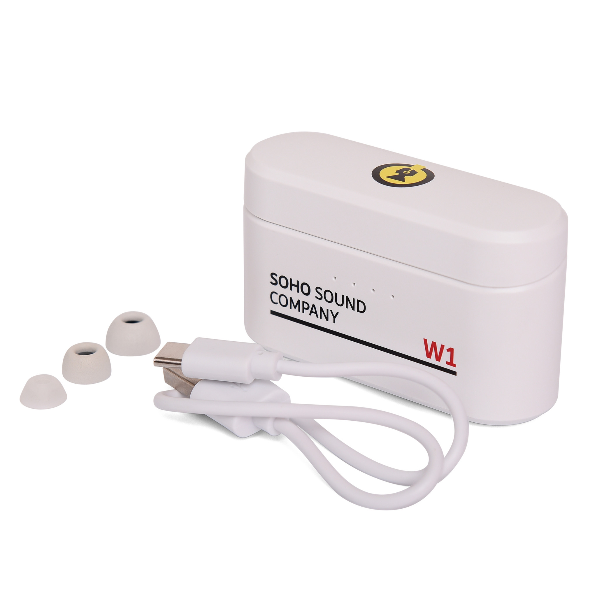 SoHo Sound Company W1 Earbuds, True Wireless Stereo Bluetooth, On-Board Power Bank 3000 mAh (White City House)