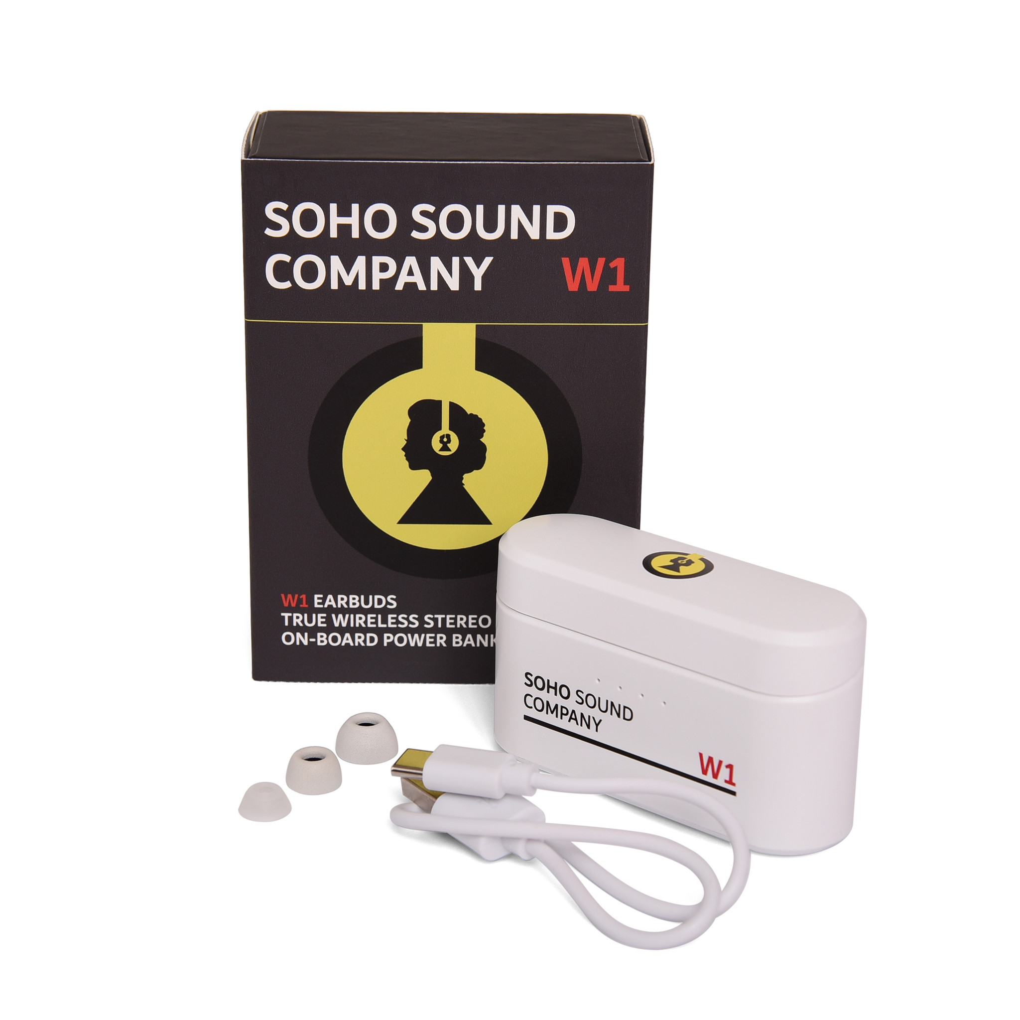 SoHo Sound Company W1 Earbuds, True Wireless Stereo Bluetooth, On-Board Power Bank 3000 mAh (White City House)
