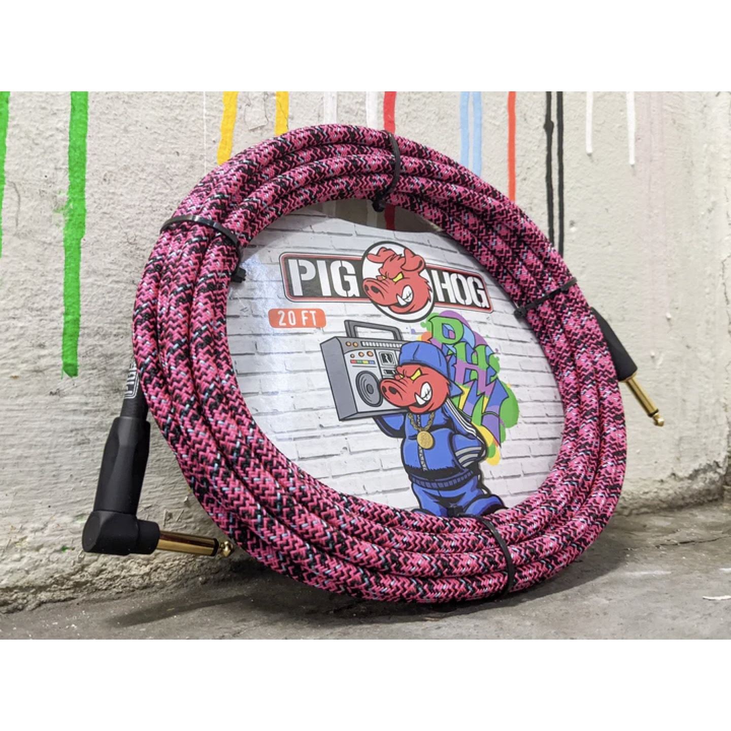 Pig Hog "Pink Graffiti" Woven Instrument Cable, 20 ft Right Angle