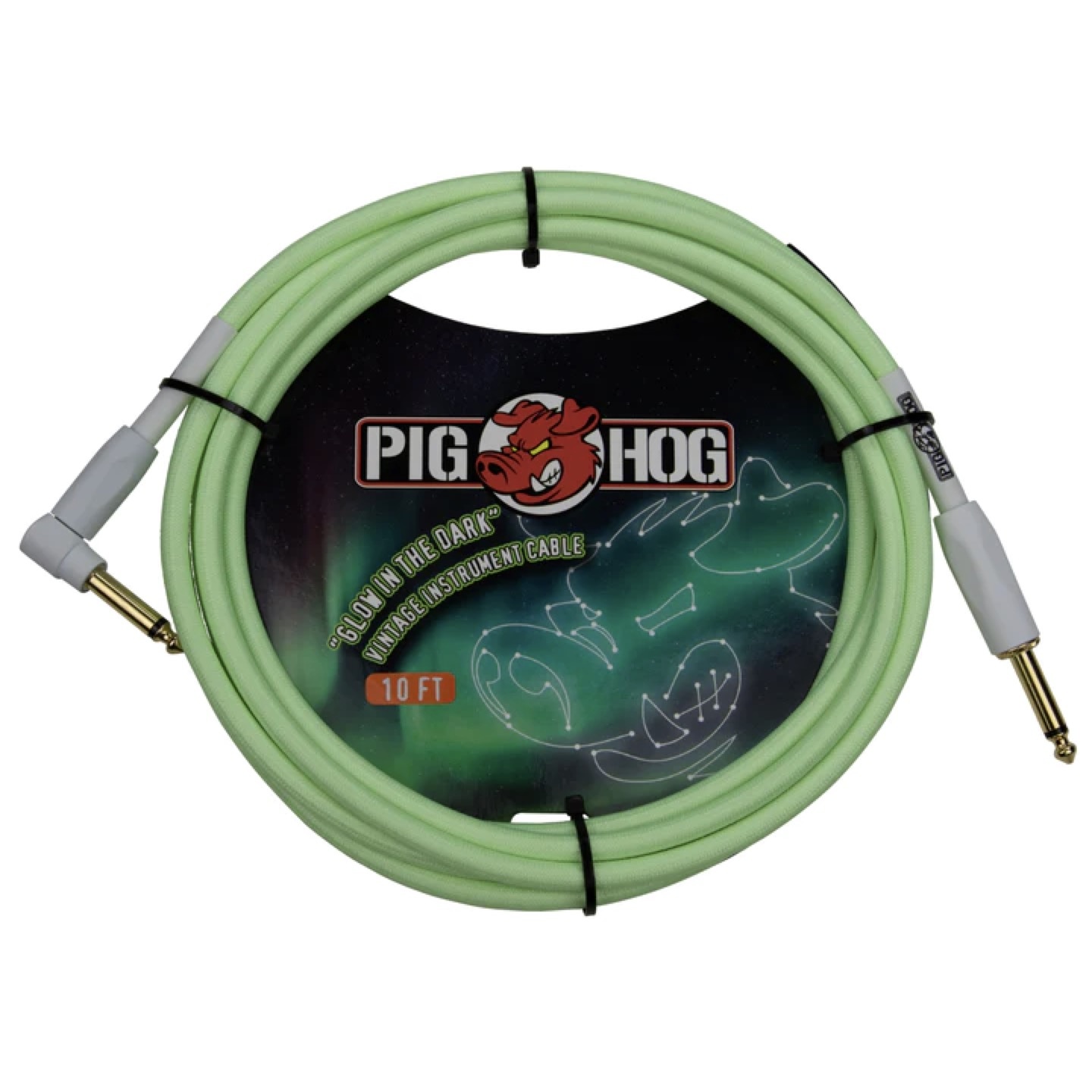 Pig Hog Glow-in-the-Dark Vintage Woven Instrument Cable, 10-foot, Straight-to-Angle, 1/4" Plugs