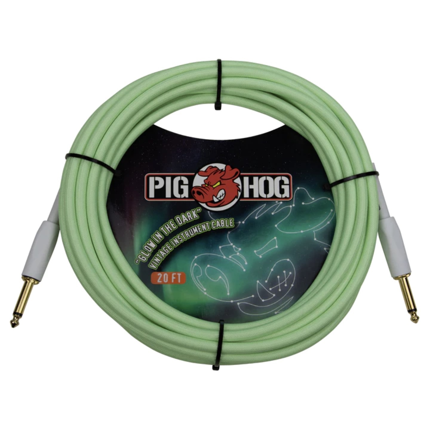 Pig Hog Glow-in-the-Dark Vintage Woven Instrument Cable, 20-Ft, Straight Plugs, 1/4"