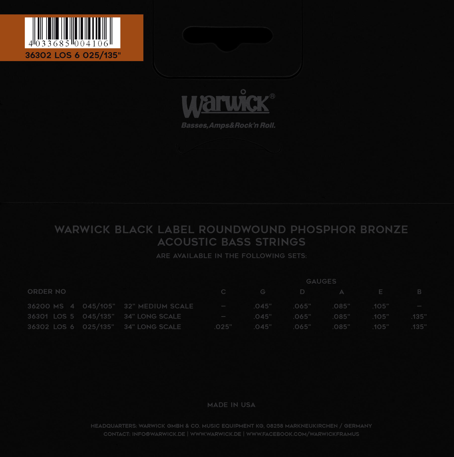 Warwick Black Label Acoustic Bass String Set, Phosphor Bronze, 6-String, Medium, .025-.135, Long Scale