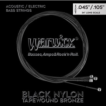 Warwick Black Nylon Tapewound Acoustic / Electric Bass Strings Set, 4-String, Medium, .045"-.105", Long Scale