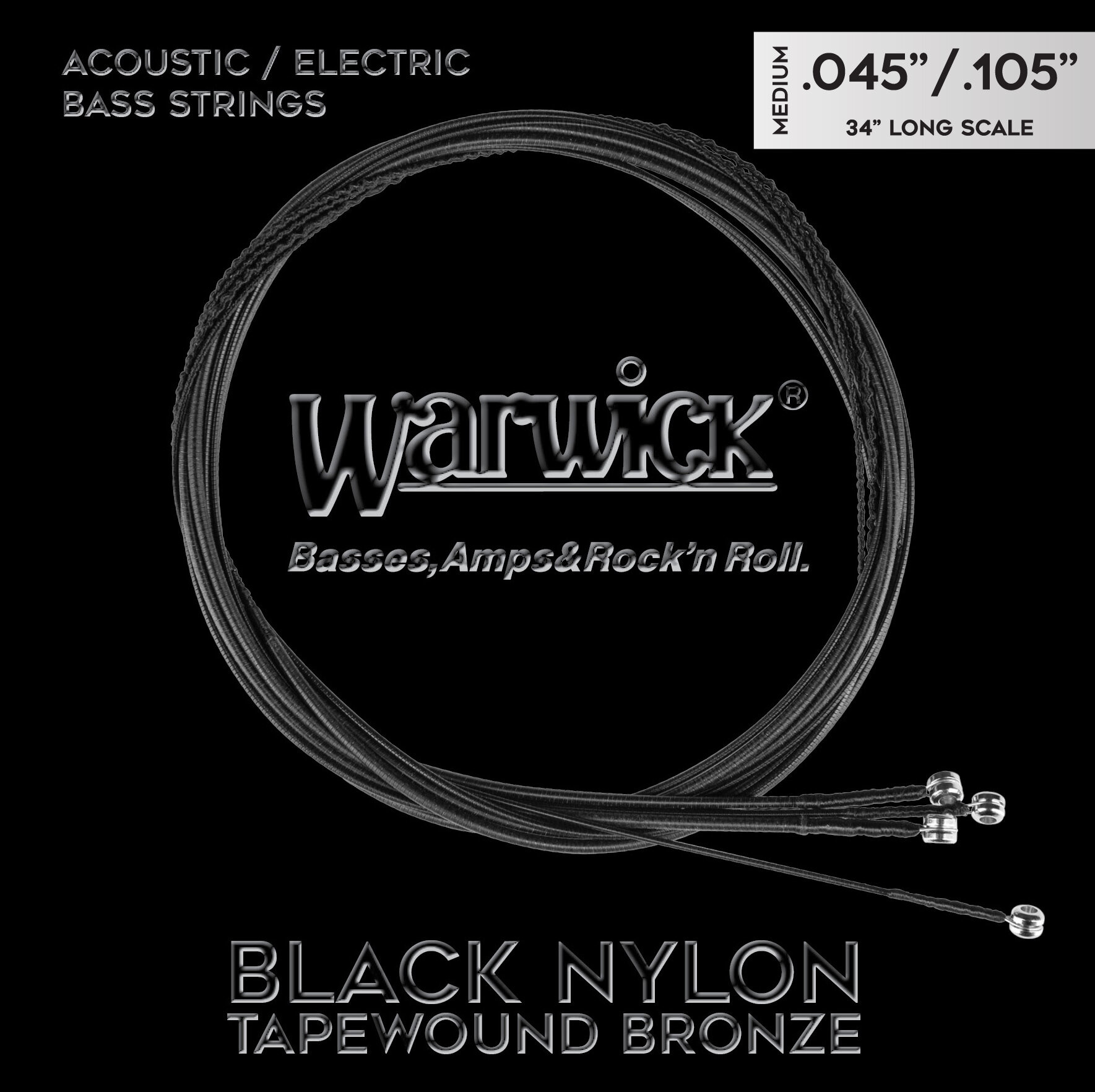 Warwick Black Nylon Tapewound Acoustic / Electric Bass String Set, 4-String, Medium, .045"-.105", Long Scale
